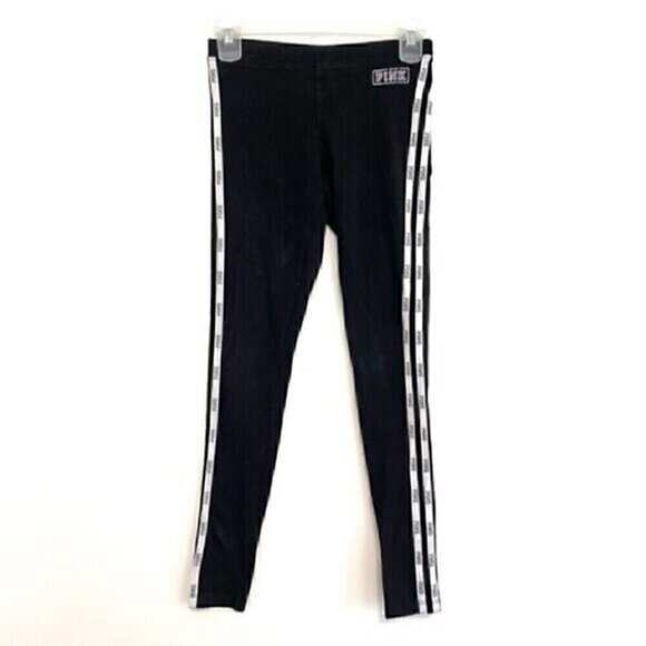 PINK VS VICTORIA'S SECRET Black White Double Side Stripe Tape Spellout Leggings - Picture 1 of 11